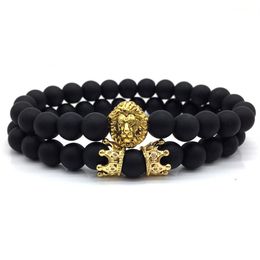2pcs set 2018 New Fashion Lion Crown Couple Charm With Lava Bead Bracelet Sets For Men Wristband Jewellery Accessories252R