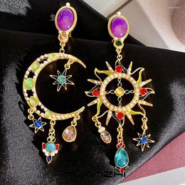 Backs Earrings Colourful Zircon Purple Resin Metal Sun Moon Ear Clip For Women Girl Vintage Eleglant Luxury Jewellery HUANZHI 2023 INS