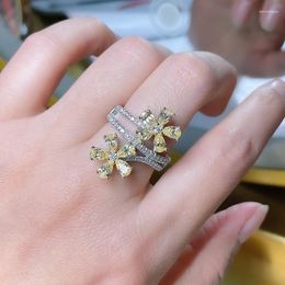 Cluster Rings 2023 925 Silver High Carbon Diamond Water Drop 3 5 Flower Yellow White Ring