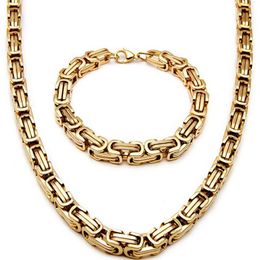 New Men 18K Gold Plated Stainless Steel Wide Byzantine Necklace Bracelet Set266C