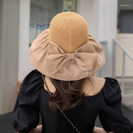 Wide Brim Hats Women's Summer Big Eave Black Gum Fisherman Hat Bow Sun Cover Face Storage Bag Shield Shade Fashion