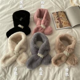 Bow Ties Ins Winter Imitation Hair Scarf Thickened Warm Plush With Pearl Drill Wool Collar