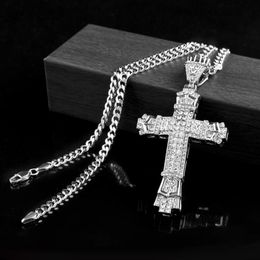 Silver hip hop Cross Charm Pendant Full Ice Out CZ Simulated Diamonds Catholic Crucifix Christian Pendant Necklace With Long Cuban221S