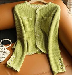 Women's Knits Chic Pearls Button Wool Women Sweater Green Knitted Cardigans Female Knit Jacket Coat Long Sleeve Spring Autumn Knitwear H330