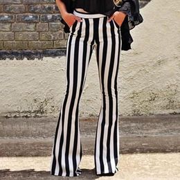 Women's Pants 2023 Women Loose Trousers Elegant Black Vertical Striped High Waist Pocket Wide Leg Bell Bottoms Flare Trous