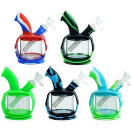 Colourful Silicone Bong Pipes Kit Teapot Shape Waterpipe Glass Philtre Handle Funnel Bowl Herb Tobacco Cigarette Holder Portable Smoking Bubbler Handpipes DHL