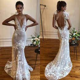 Платья Berta Mermaid 2023 Spaghetti Braps Иллюзия 3D цветочные аппликации с бисером свадебные платья.