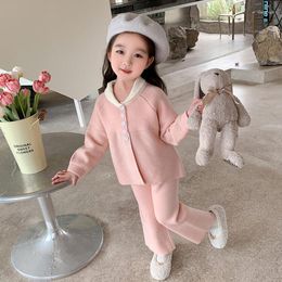 Clothing Sets Autumn Fashionable Sweater Baby Knitting Two Piece Set Button Striped Soild Simple Childrens Girls