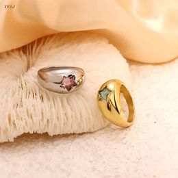 Wedding Rings Pink cz stone pentagram dome chunky rings for women stainless steel bold rings minimalist dainty jewelry for women 230928