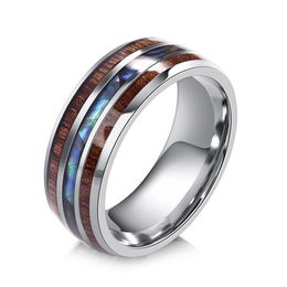 Cluster Rings Wood Inlay Titanium Steel For Men 8 Mm Abalone Shell Tungsten Carbide Ring OBSEDE Fashion Male Jewelry Accessory 5-1296t