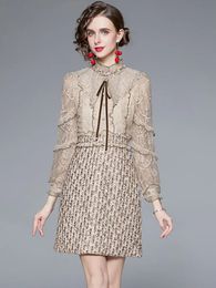Basic Casual Dresses High-Quality Light Luxury Bead Embroidery Woolen Dress Women's Mesh Patchwork Ruffle Sequin Tweed Dresses Vestidos 2024