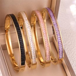 Bangle 316L Stainless Steel Light Luxury Style Micro Set Zircon Colorful Square Crystal Half Ring Women's Bracelet