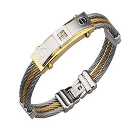 Gold Color Wire Cable Men Charm Bracelets Bangles Titanium Steel New Men Fashion Jewelry227R