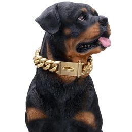 Chains 15mm Gold Collar Necklace For Pet Dog Stong Stainless Steel Metal Links Slip Chain Training Big Breeds-Rottweiler262E