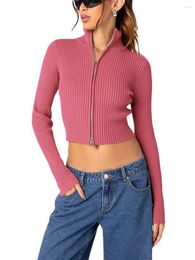 Women's Knits Douhoow Double Zip Up Cardigan Long Sleeve Slim Cropped Knit Sweater Spring Fall Stand Collar Streetwear