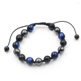 Strand Handmade Weave Blue Tiger Eye Stone Round Beads Stretchy Bracelet For Party Gift Hematite Jewellery