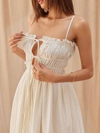 Casual Dresses Women S Summer Ruched Midi Dress Solid Tie Front Spaghetti Strap Square Neck Corset A-Line Cocktail Party