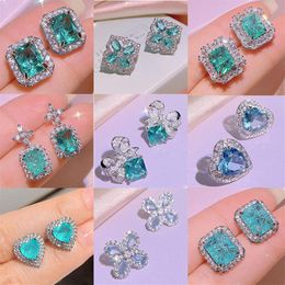 925 sterling silver heart love stud earrings for women 18K rose gold shining square elegant crystal blue diamond ear rings designe187z