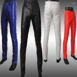 Coffee Pots Autumn Fashion Motorcycle Leather Pants Men Skinny Trousers Tight Pantalones Hombre Cargo For Pantalon Black White Red