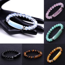 8MM Healing Stone Strand Bracelet Natural Gemstone Stretch Beads Bar Rectangle Chakra Crystal Energy Charm Bracelets Handmade Jewe269R