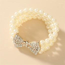 New Baroque Multilayer Imitation Pearl Bracelet Metal Gold Bow Rhinestone Charm Bracelets for Women Party Jewellery Accessories1202j