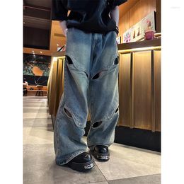 Men's Jeans High Waist Hollow Metal Button Spliced Straight Tube Wide Leg Pants Retro Hiphop Floor Dragging Man's Clothing