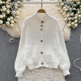 Women's Sweaters Elegant Women Autumn Winter Sweater Top Solid Color Faux Fur Stand Collar Long Sleeve Single Breasted Loose Fit Knitted