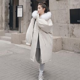 Women's Trench Coats Korean Style Down Cotton Coat Women Winter Solid Colour Simple Loose Outer Wear Thickened Fur Collar Mid-length Jacket