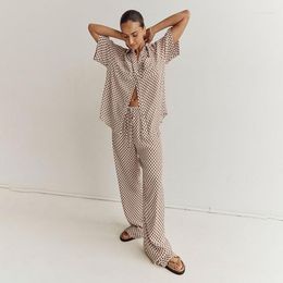 Women's Two Piece Pants Casual Pajama Sets Summer Suits 2023 Plaid Print Shirt Straight Full In Matching