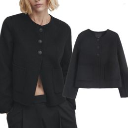 Women's Suits Maxdutti French Office Ladies Wool Jacket Coat Retro Women Button Black Elegant Casual Fashion Blazers Tops