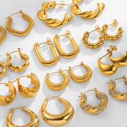 Hoop Earrings Vintage Golden Colour Stainless Steel Twisted Circle For Women Thread Chunky Fashion Jewellery 2023