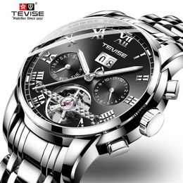 TEVISE Mens Automatic Watches Luxury Stainless steel Tourbillon Moon phase Mechanical Wristwatch Male gifts Relogio Masculino217S