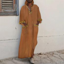 Men Muslim Islamic Kaftan Arabic Hooded Long Sleeve Print Patchwork Caftan Dubai Abaya Vintage Middle East Jubba Thobe Ethnic Clot2999
