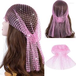 Berets Glitter Crystal Head Scarf Wrap Luxury Rhinestone Women Nightclub Fishnet Hat Mesh Hollow Out Turban Hair Accessory