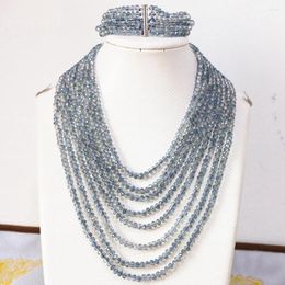 Necklace Earrings Set Blue Crystal Glass 4x6mm Beads Fashion Diy Jewellery 8 Rows Chain Nacklace 5 Bracelet B855