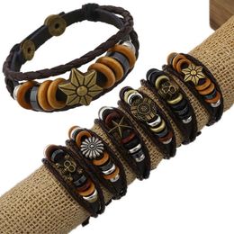 12Pcs Lot Retro Men Handmade Various Charm Genuine Leather Adjustable Bracelet Wristband Jewelry Unisex Men Women 250Z