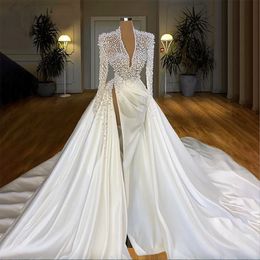 Beaded Heavy Pearls Dress Mermaid Illusion V Neck Long Sleeve Bridal Gowns Sweep Train Muslim Dubai Wedding Gown High Couture