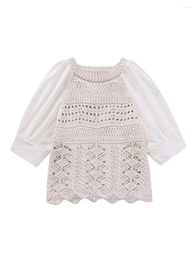 Women's Sweaters Knitted Patchwork Chic Women Tops Round Neck Short Sleeve Cropped Female Sweater Fashion Casual Ladies Knitwear Summer