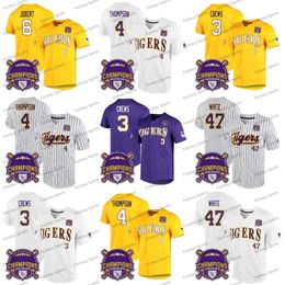 2023 أبطال LSU Tigers Baseball Jersey Paul Skenes 3 Dylan Crews 47 White Tre Morgan Hompson Zach Arnold Gavin Dugas Brayden Jobert Purple Yellow Custom Men Youth