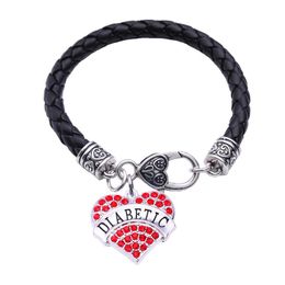 New Design Female Heart Bracelet DIABETIC Written Personality Word With Beautiful Crystals And Fashion Leather Chain Zinc Alloy Dr223o