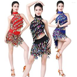 Stage Wear Belly Dance Clothing Women's Adult Sequins Tassels Sexy Split Performance Dress Latin Suit