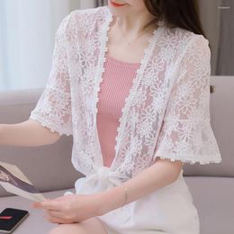 Scarves Women Cardigan Coat Half Sleeve Lace Embroidery Horn Shawl Thin Patchwork Short Type Up Lady Shirt