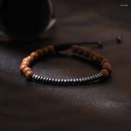 Strand 6mm Wooden Beads Hematite Bracelet For Men Fashion Adjustable Bracelets Homme Wrist Charm Jewellery Gift