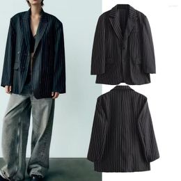 Women's Suits Outerwear Thin Stripe Loose Fitting Suit Wide Form Lapel Long Sleeve Pockets Jacket Top