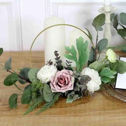 Decorative Flowers Rose Flower Metal Ring Hoop Hanging Home Decor Floral Bride Artificial Wreath Wedding Ornament Fake Garlands