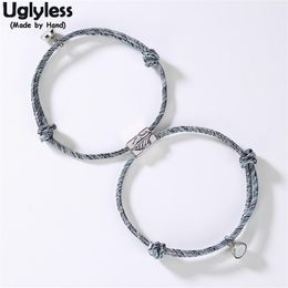 Uglyless 1Pair Lovers Infinity Bracelets Adjustable Rope Chain Bracelet for Couples 925 Silver Mountain Wave Bead Magnet Jewellery C259r