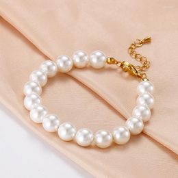 Strand elegante concha imitação de pérola pulseira para mulheres cor do ouro contas de aço inoxidável pulseira feminina jóias finas presentes de festa de casamento