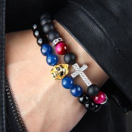 1PCS Religious Totem Jewelry 8mm Matte Onyx & Colors Tiger Eye Stone Beads With Clear Cz Royal Cross Jesus Bracelets For Party2601