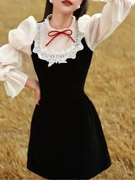 Basic Casual Dresses High-Quality New Autumn Design Runway Dress Women's SlimWaist Puff Long Sleeves Black White Lace Patchwork Dresses 2024