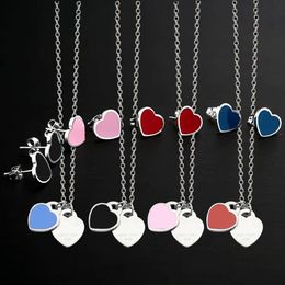 Enamel blue Pink Green Double Heart Jewelry sets Charms Necklace and Earrings Fashion Stainless letters Sun gold Jewellery T-set339S